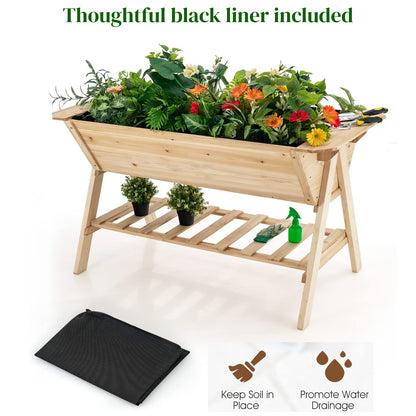 GiantexUK Raised Garden Bed, Wood Elevated Planter with Liner, Drainage Hole & Slatted Shelf