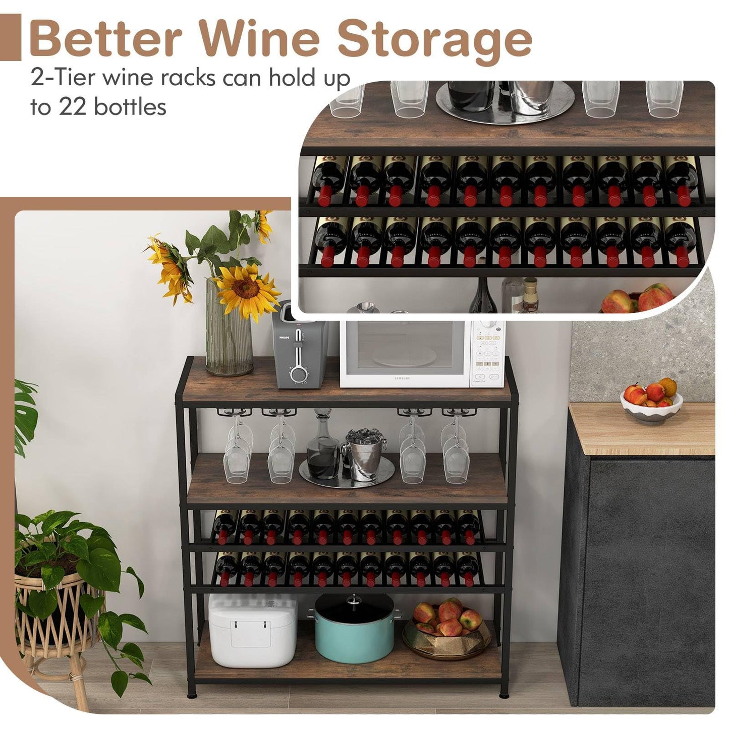 GiantexUK 22 Bottles Wine Rack, 5-Tiers Freestanding Wine Bar Cabinet with Tabletop, Shelves & Glass Holders