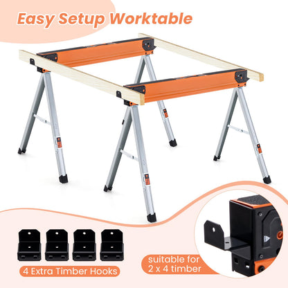 GiantexUK 2PCS Folding Sawhorses, 1000KG Twin Pack Workbench with Support Arms