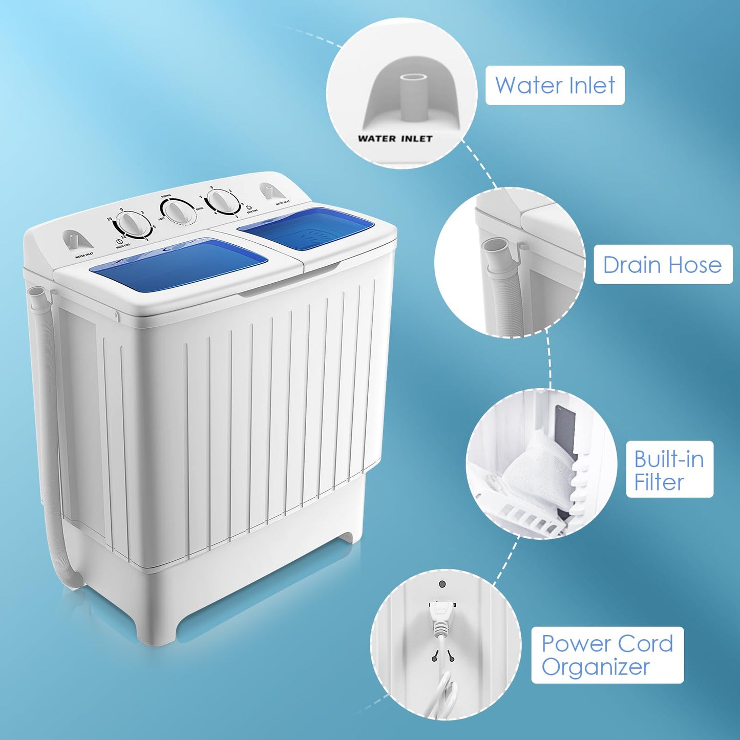 GiantexUK Twin Tub Washing Machine, 8KG Compact Washing Machine and Spin Dryer Combo with Timer Control & Drain Pipe