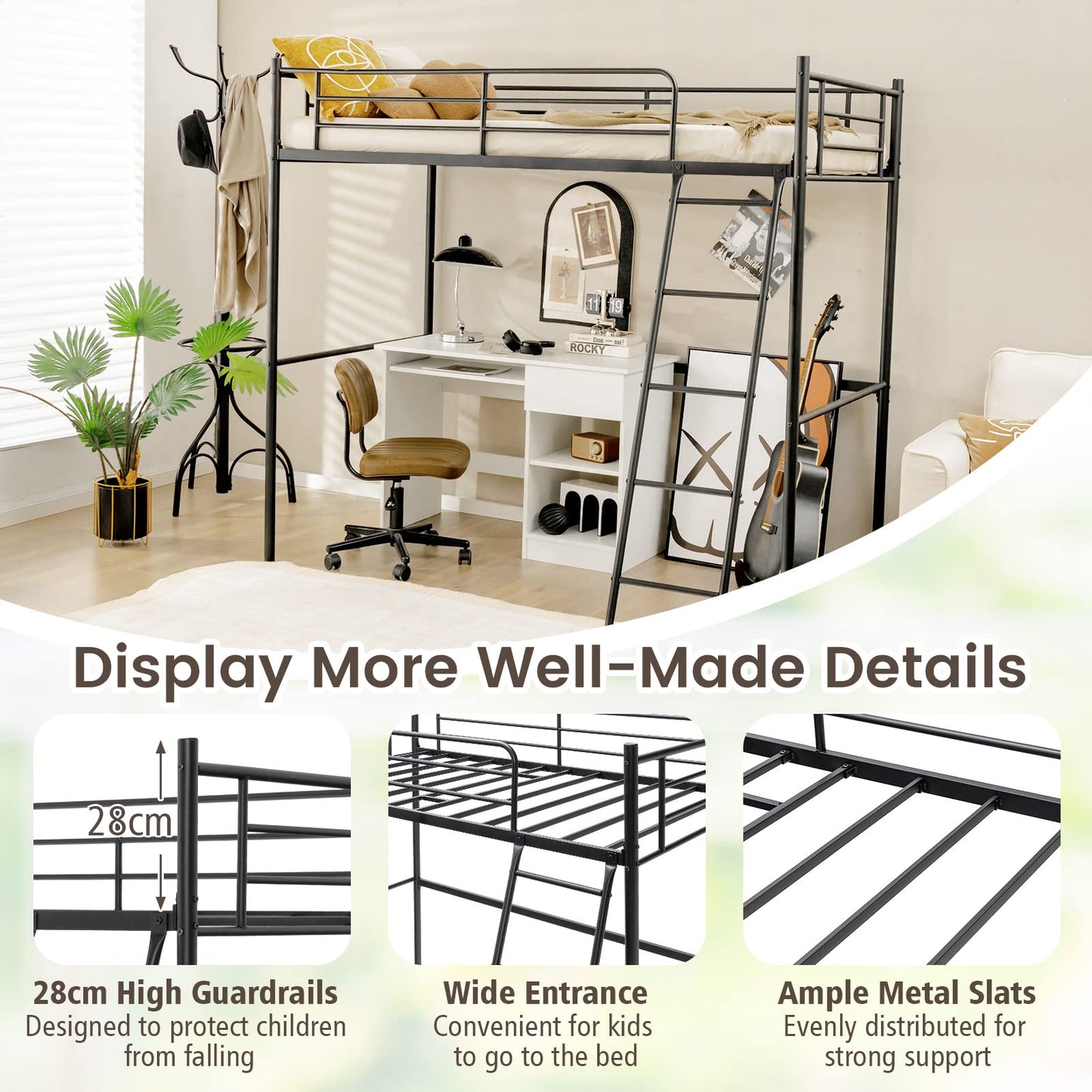 Metal Loft Bed Frame, Single Bunk Bed High Sleeper with Ladder & Safety Guardrail