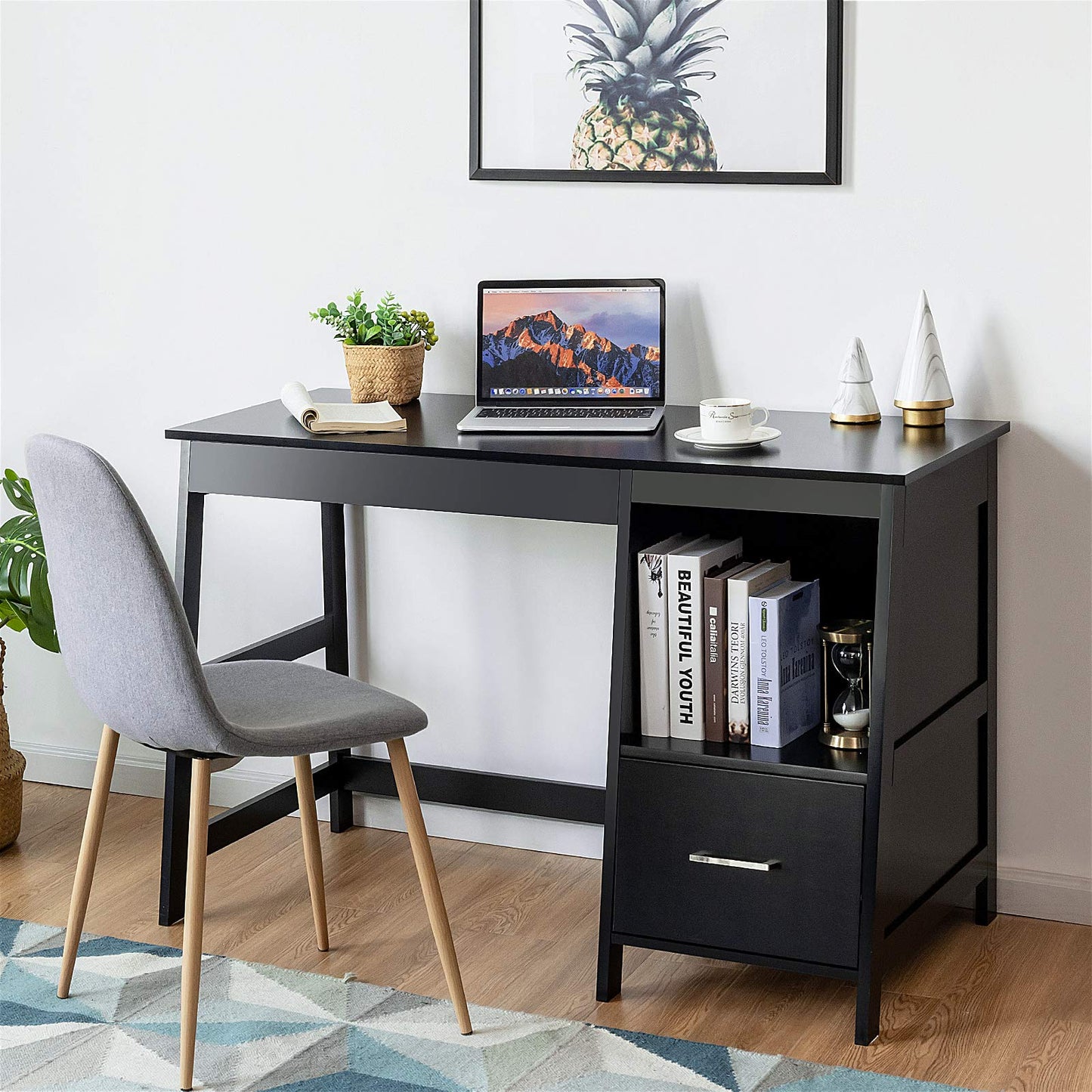 Computer Desk, Wooden PC Laptop Table Writing Workstation with Drawers and Shelf, Home Office Bedroom Work Study Desk