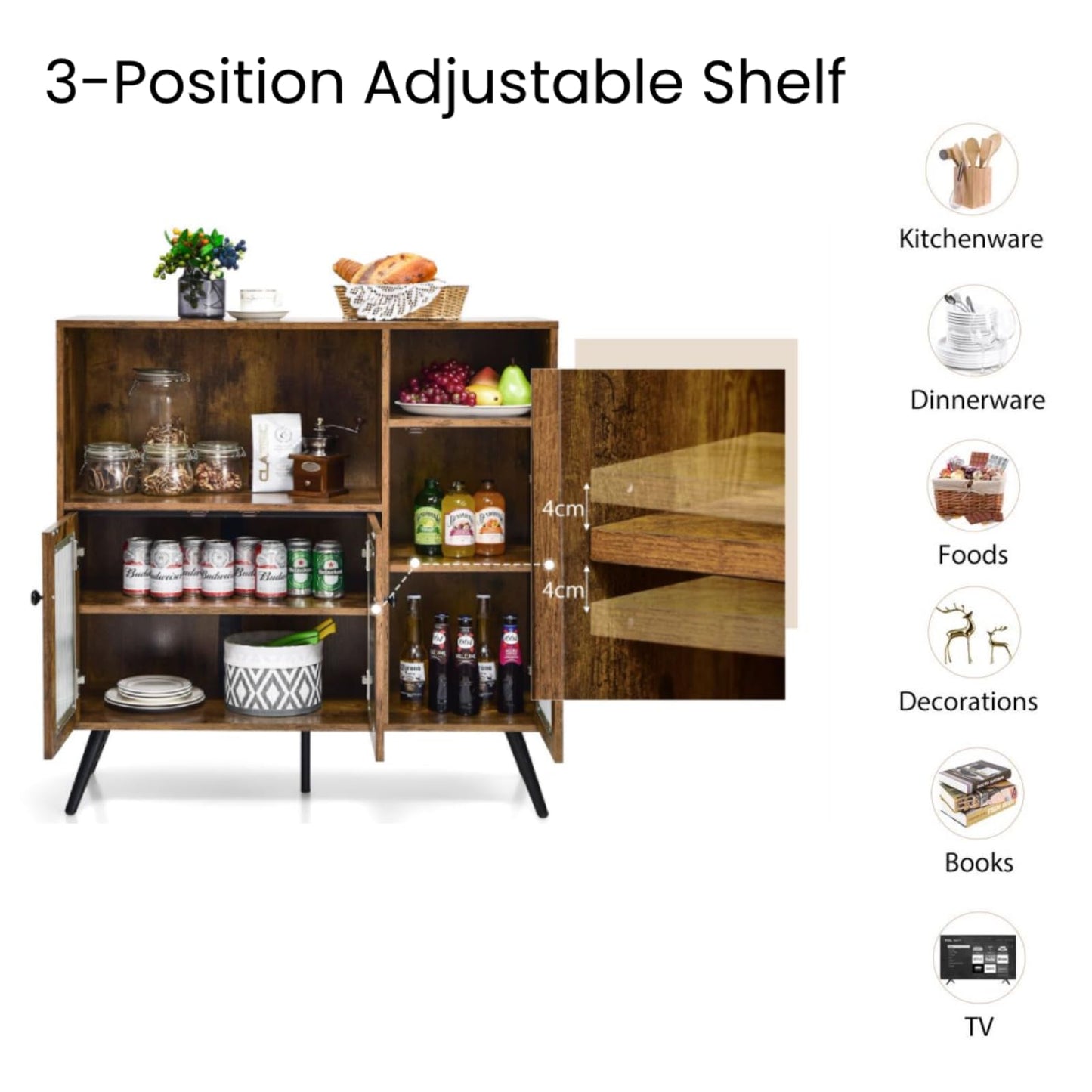 GiantexUK Kitchen Storage Cabinet, Wooden Buffet Sideboard with Tempered Glass Doors, Adjustable Shelves & Anti-toppling Device