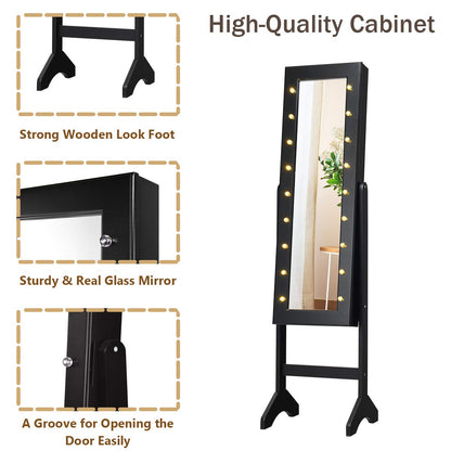 Jewellery Cabinet, LED Light Jewellery Standing Mirror Lockable Armoire