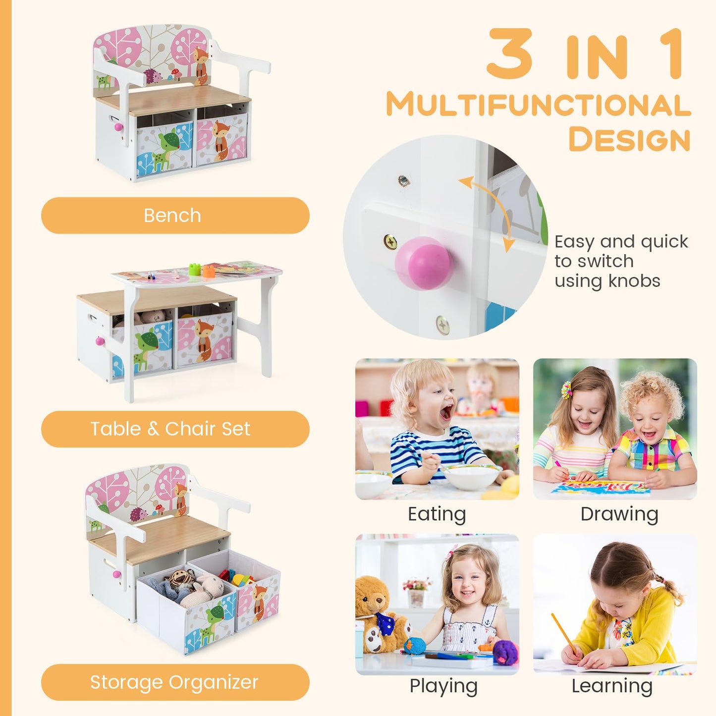 Kids Table and Chair Set, Convertible Toy Storage Bench with 2 Removable Fabric Bins