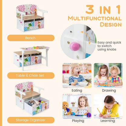 Kids Table and Chair Set, Convertible Toy Storage Bench with 2 Removable Fabric Bins