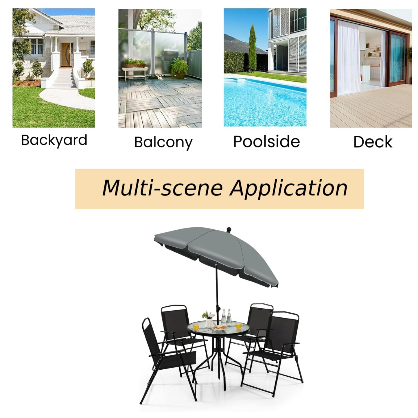 GiantexUK 6 Piece Garden Dining Set, Metal Frame Patio Bistro Set with Tempered Glass Table, 4 Folding Chairs & Parasol Umbrella