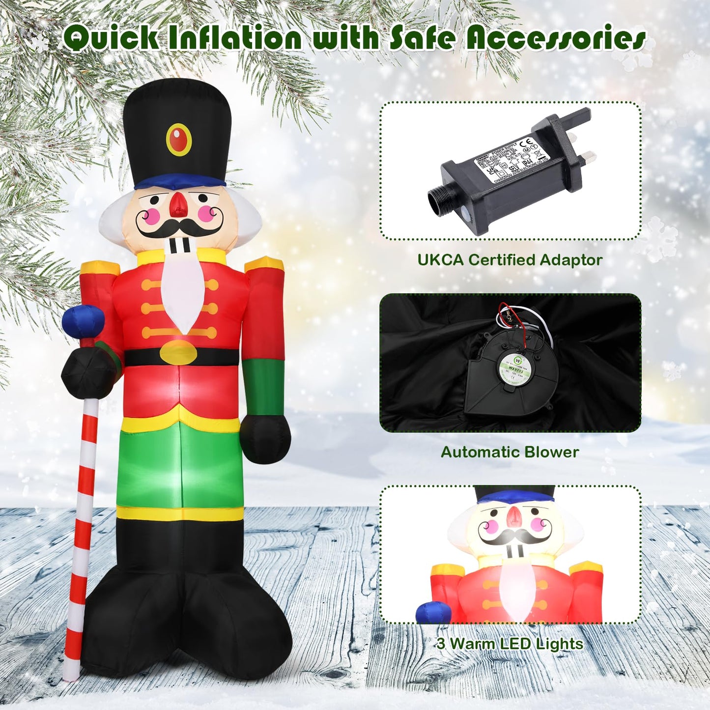 2.4M Inflatable Christmas Decoration, Giant Blow up Nutcracker Soldier with 3 LED Lights and Candy Scepter