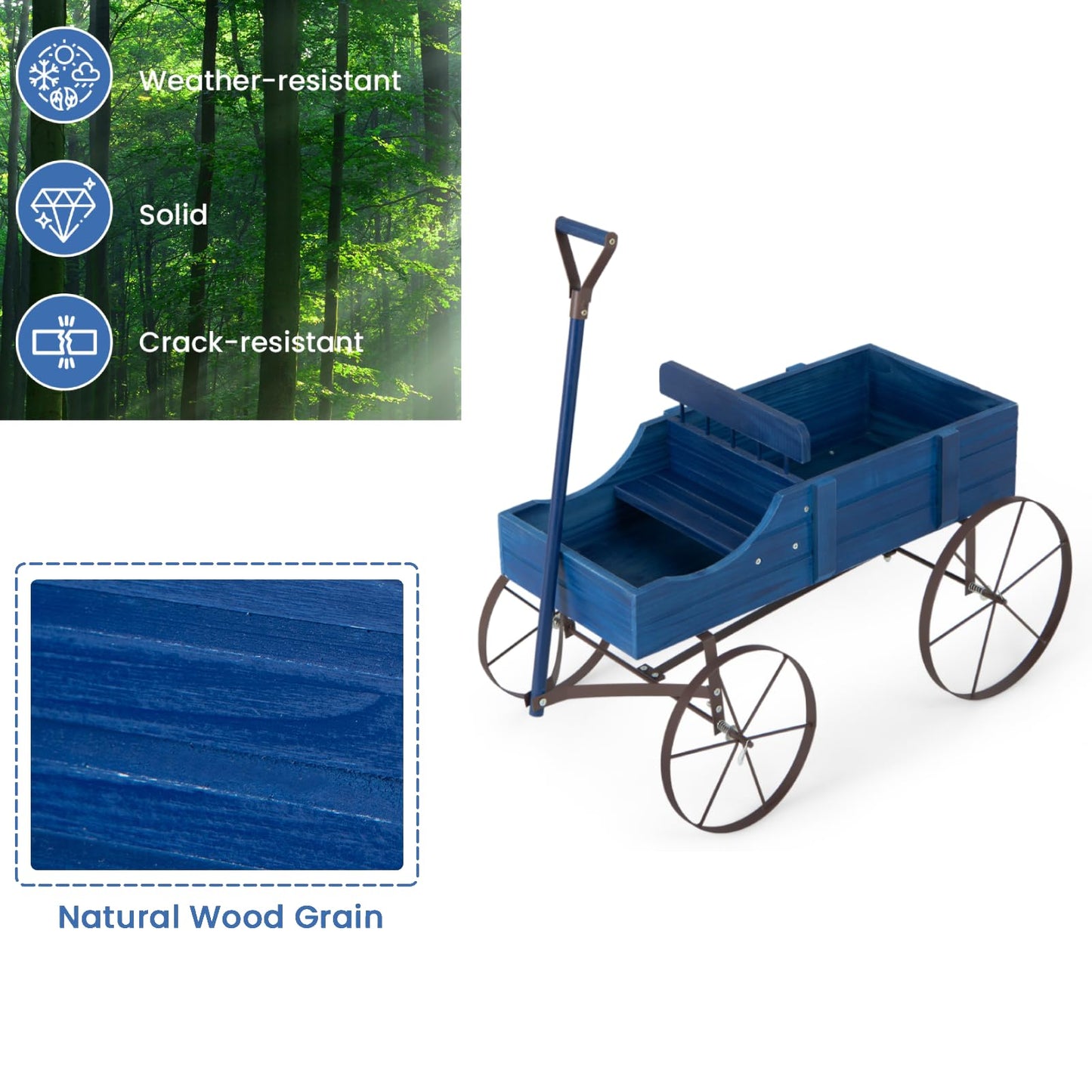 GiantexUK Wooden Wagon Garden Planter, Flower Cart with Long Handle and Flexible Wheels