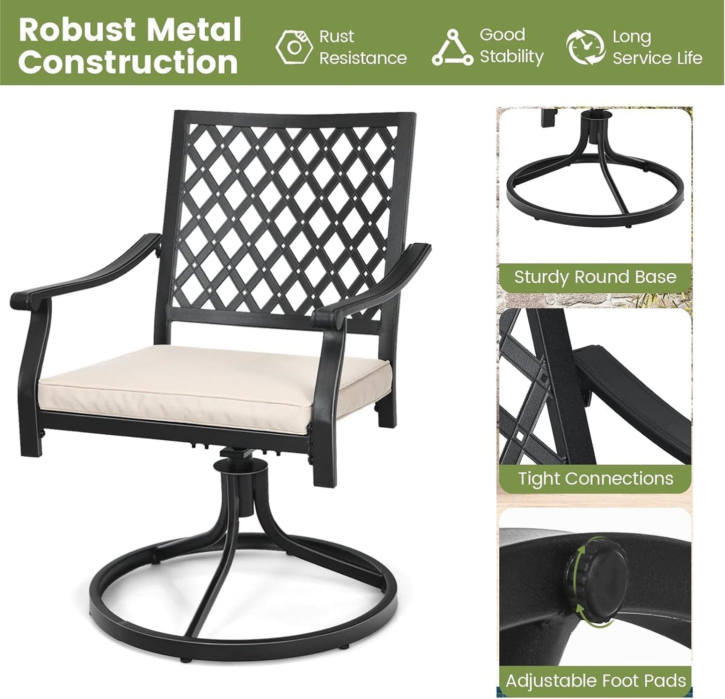 GiantexUK Patio Dining Set, Metal Garden Table and Chairs Set with with 90cm Square Table, 4 Swivel Chairs & Removable Cushions