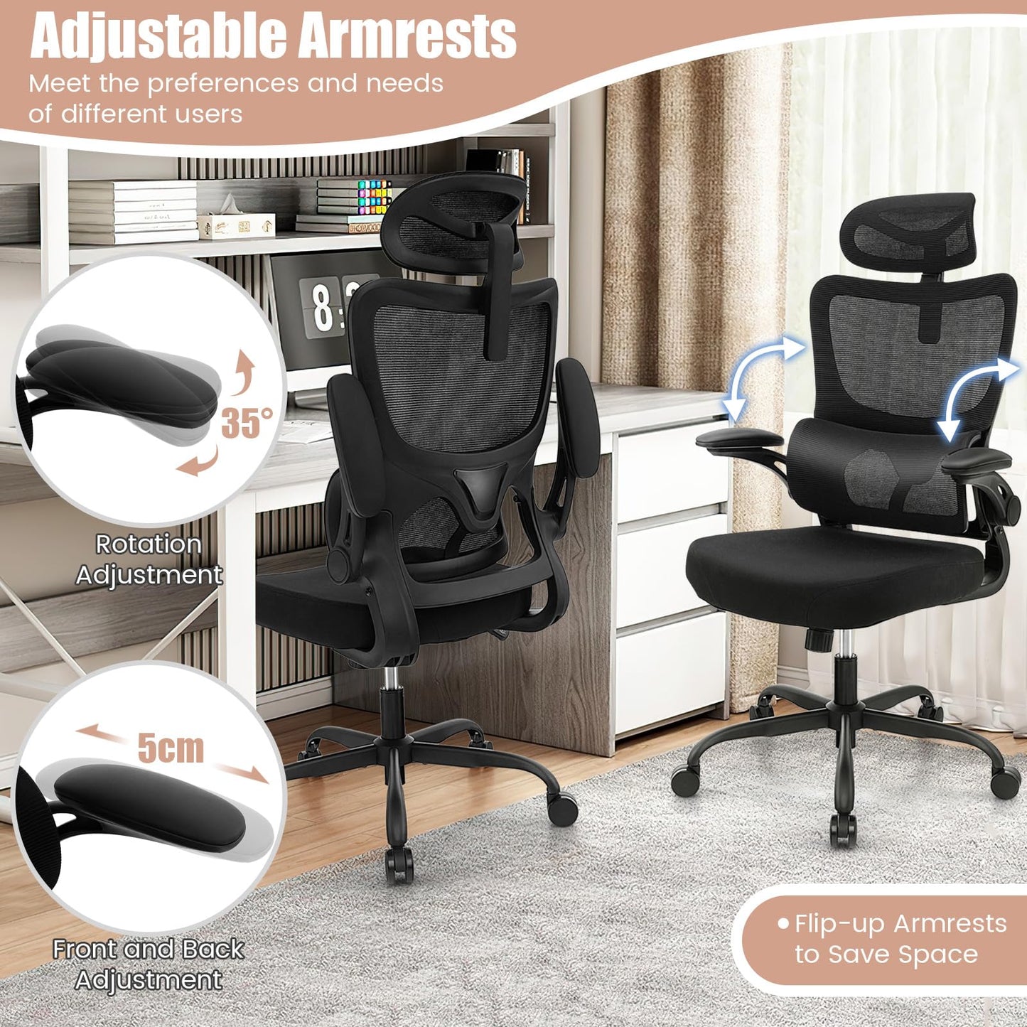 Mesh Office Chair, Ergonomic High Back Swivel Computer Desk Chair with Lumbar Support (71 x 71 x 117-127cm)