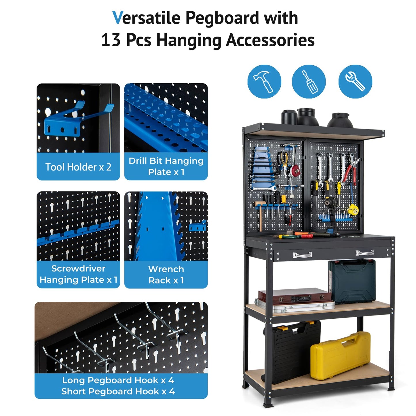 GiantexUK Workbench with Pegboard, Metal Frame Garage Work Bench with 13 Hanging Accessories