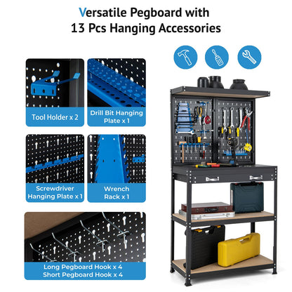 GiantexUK Workbench with Pegboard, Metal Frame Garage Work Bench with 13 Hanging Accessories