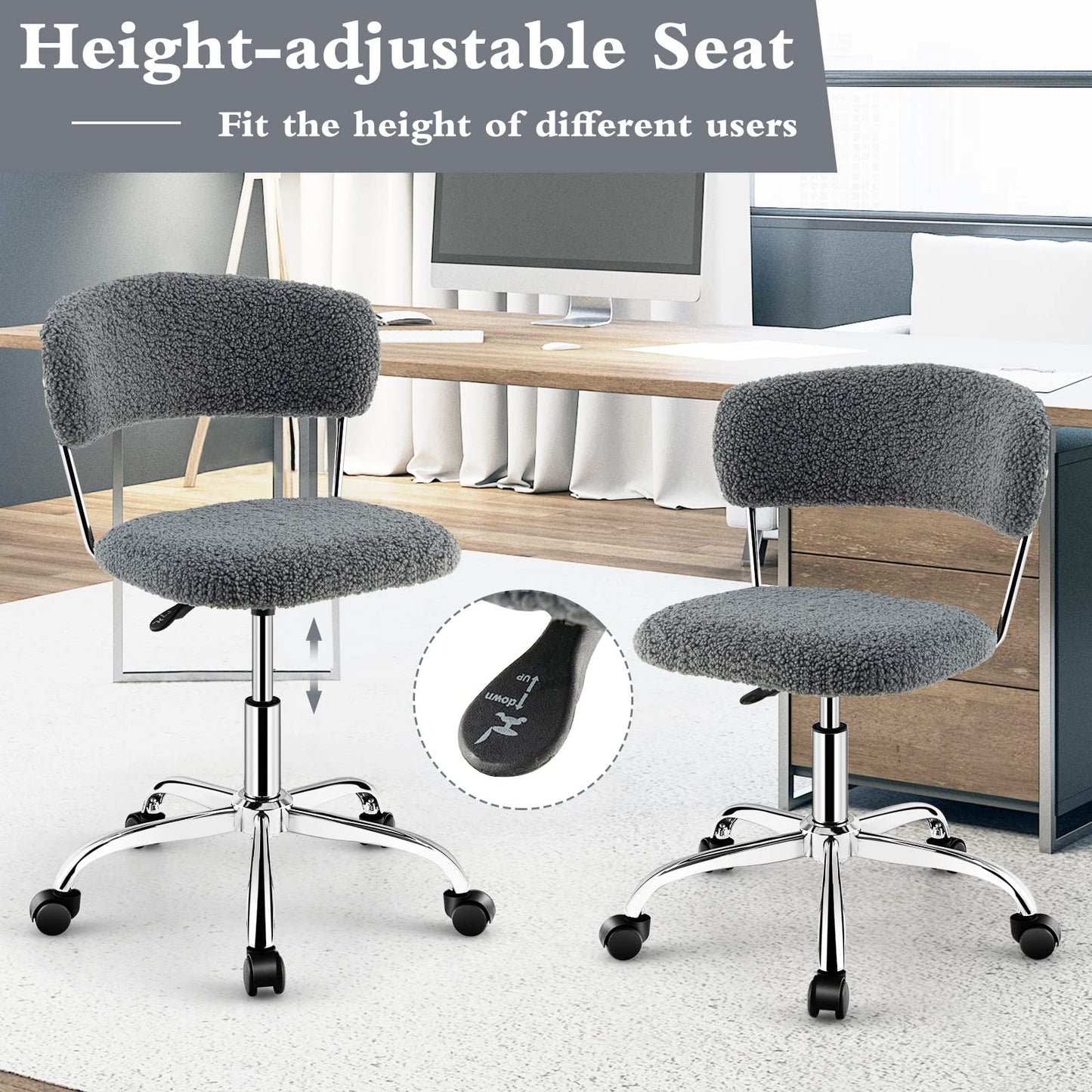 Faux Fur Office Chair, Height Adjustable Swivel Computer Desk Chair with Rolling Casters