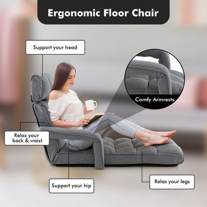 Folding Lazy Sofa, 6-Positon Adjustable Lounger Sleeper Floor Chair with Armrest & Footrest