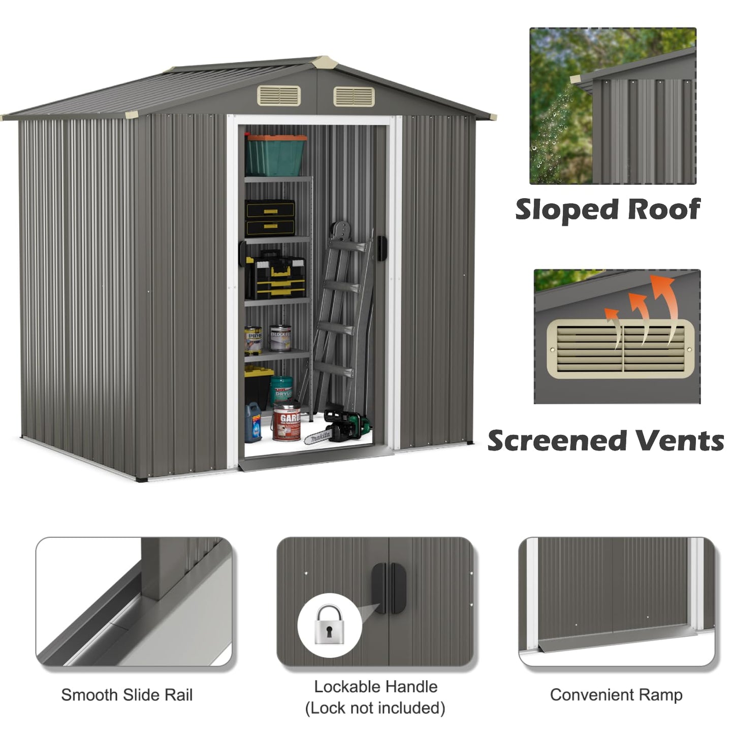 GiantexUK 6x4FT Metal Garden Shed, Outdoor Galvanized Storage House with 4 Air Vents & Lockable Sliding Doors