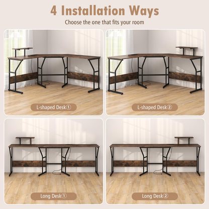 L-Shaped Computer Desk, 225cm Convertible Double Study Writing Workstation with Movable Monitor Stand