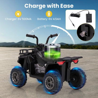 6V Kids Electric Ride on ATV Car, Battery Powered Quad Bike with One-Button Start, LED Lights, MP3, Storage Basket