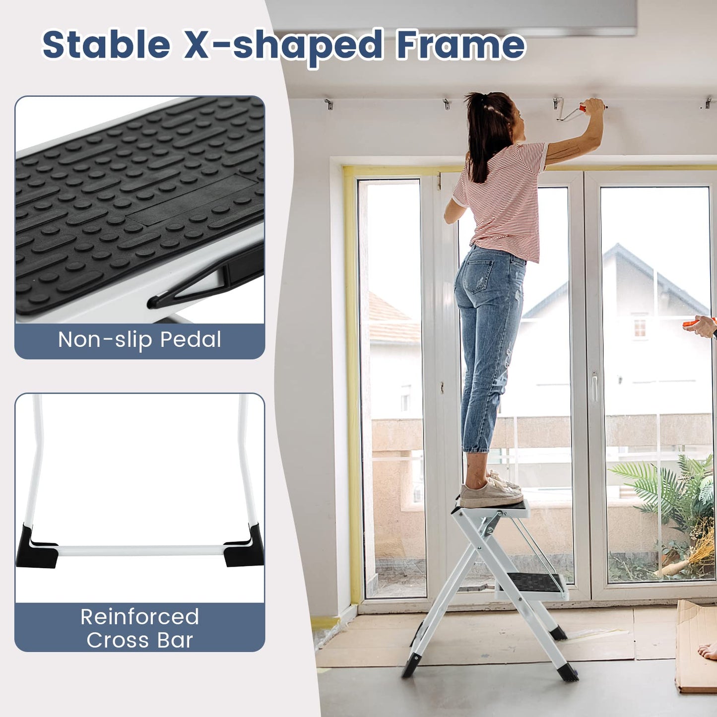 GiantexUK 2 Step Ladder, Metal Folding Ladder with Anti-Slip Wide Steps and Thickened Foot Caps