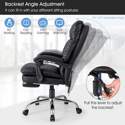 PU Leather Office Chair, Height Adjustable Reclining Computer Desk Chair with Retractable Footrest