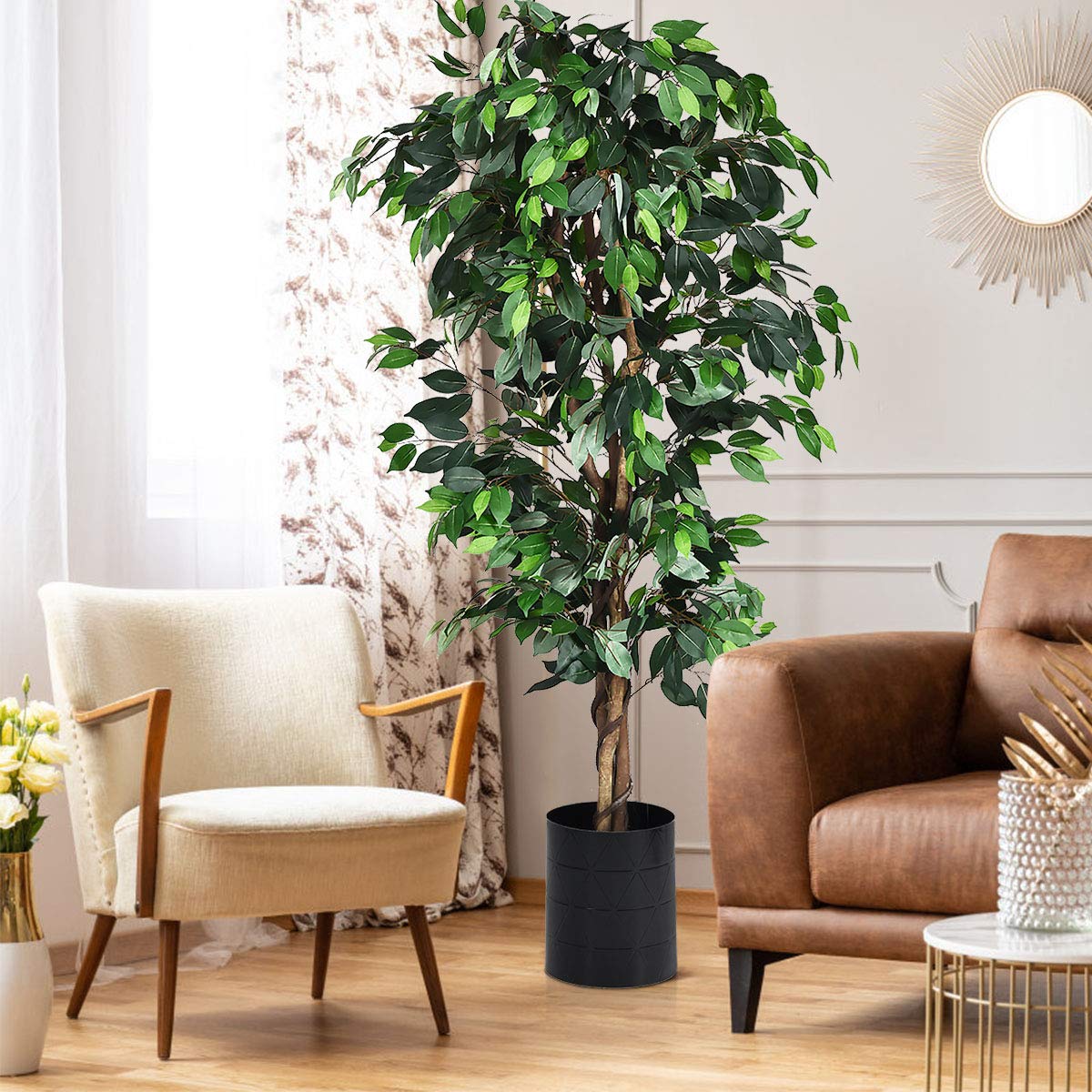 GiantexUK 6FT Artificial Ficus Tree, Tall Fake Plant with Lifelike Leaves & Plastic Pot