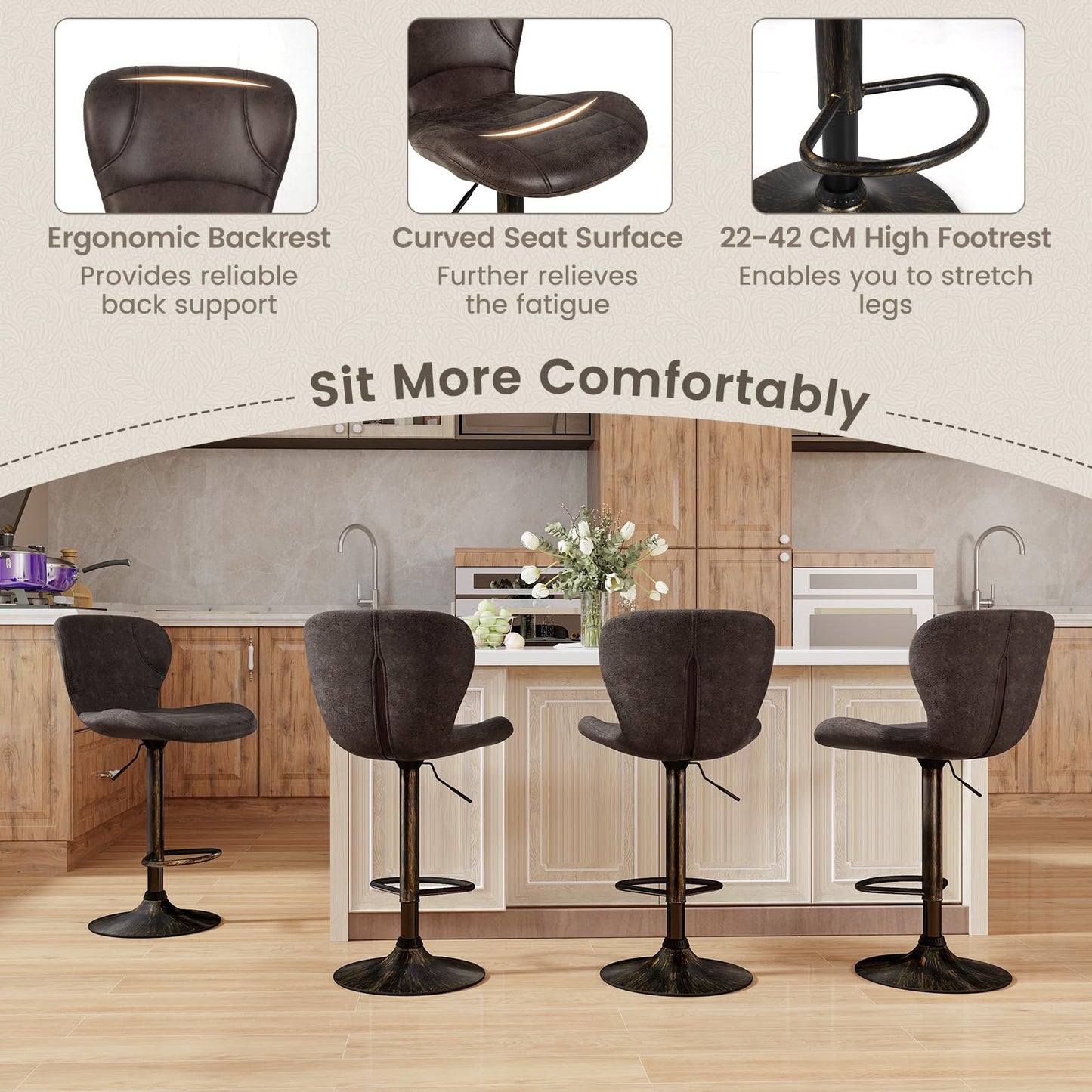 Bar Stools Set of 2, Adjustable Height 360° Rotatable Counter Dining Chair (Dark Brown, 56 x 47 x 113cm)