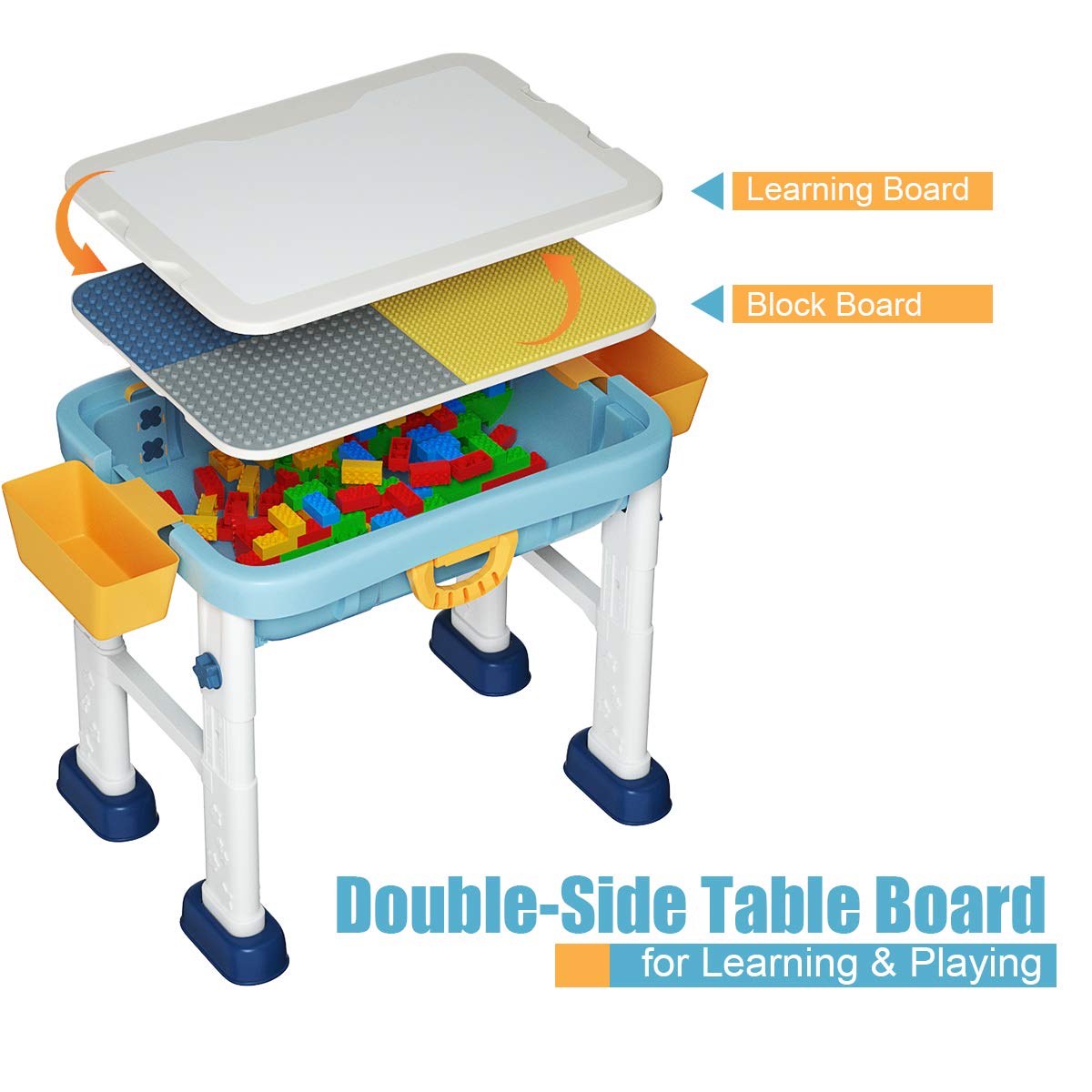 Kids Building Blocks Table and Chair Set, Height Adjustable Activity Table with Double-Side Tabletop