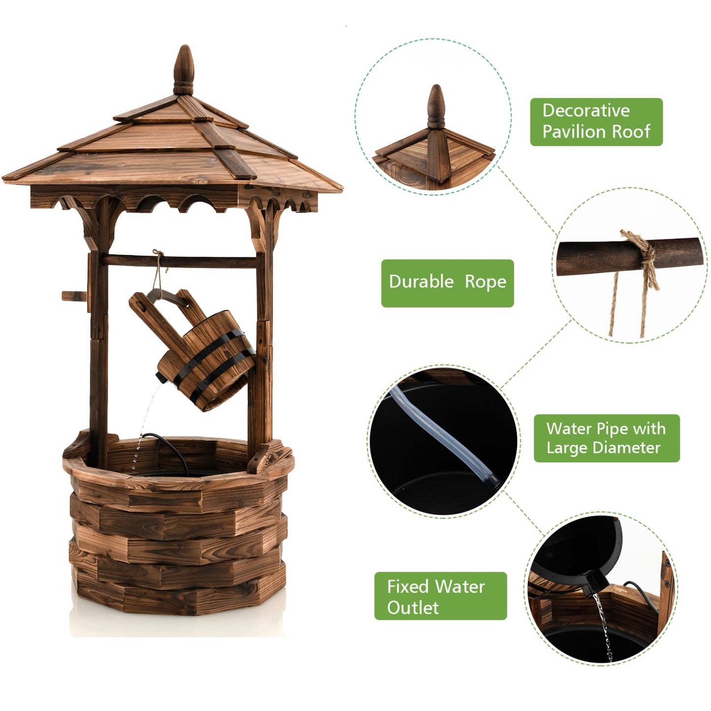 GiantexUK Wooden Garden Wishing Well, Decorative Water Fountain with Electric Pump