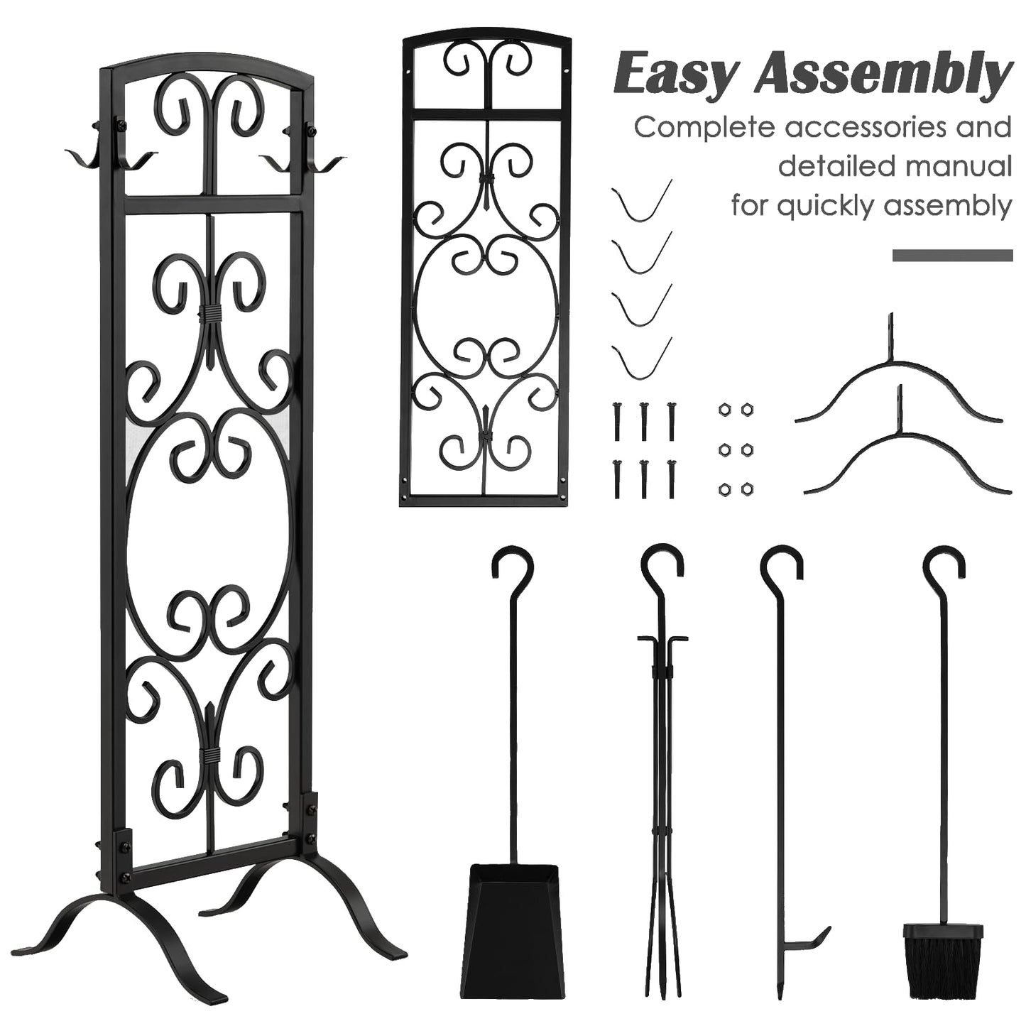 GiantexUK 30"/76cm 5-Piece Fireplace Companion Set, Wrought Iron Fire Place Tools Set with Stand, Tong, Shovel, Brush & Poker