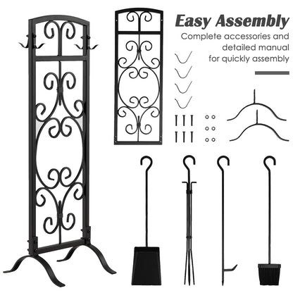 GiantexUK 30"/76cm 5-Piece Fireplace Companion Set, Wrought Iron Fire Place Tools Set with Stand, Tong, Shovel, Brush & Poker