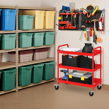 GiantexUK 3-Tier Tool Trolley, Metal Frame Utility Service Cart with 4 Wheels and Handle (3-Tier, 2 U-handles, Red)