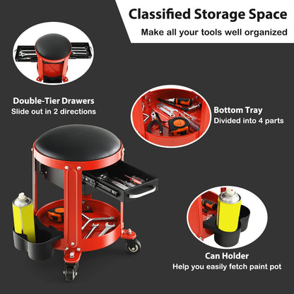 GiantexUK Pneumatic Rolling Mechanic Stool, 2 Drawers Workshop Creeper Seat with 4 Universal Casters