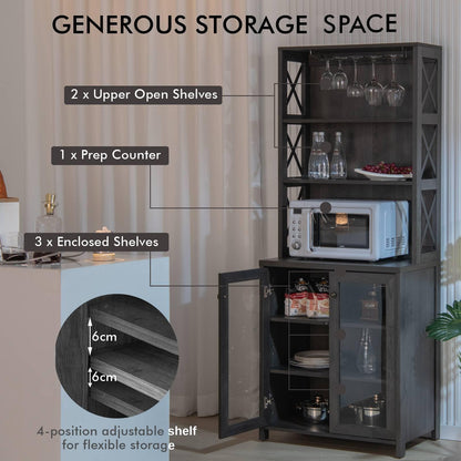 GiantexUK Tall Kitchen Cupboard, 171cm Buffet Sideboard with Glass Doors Cabinet, Adjustable Shelf, 2 Open Shelves