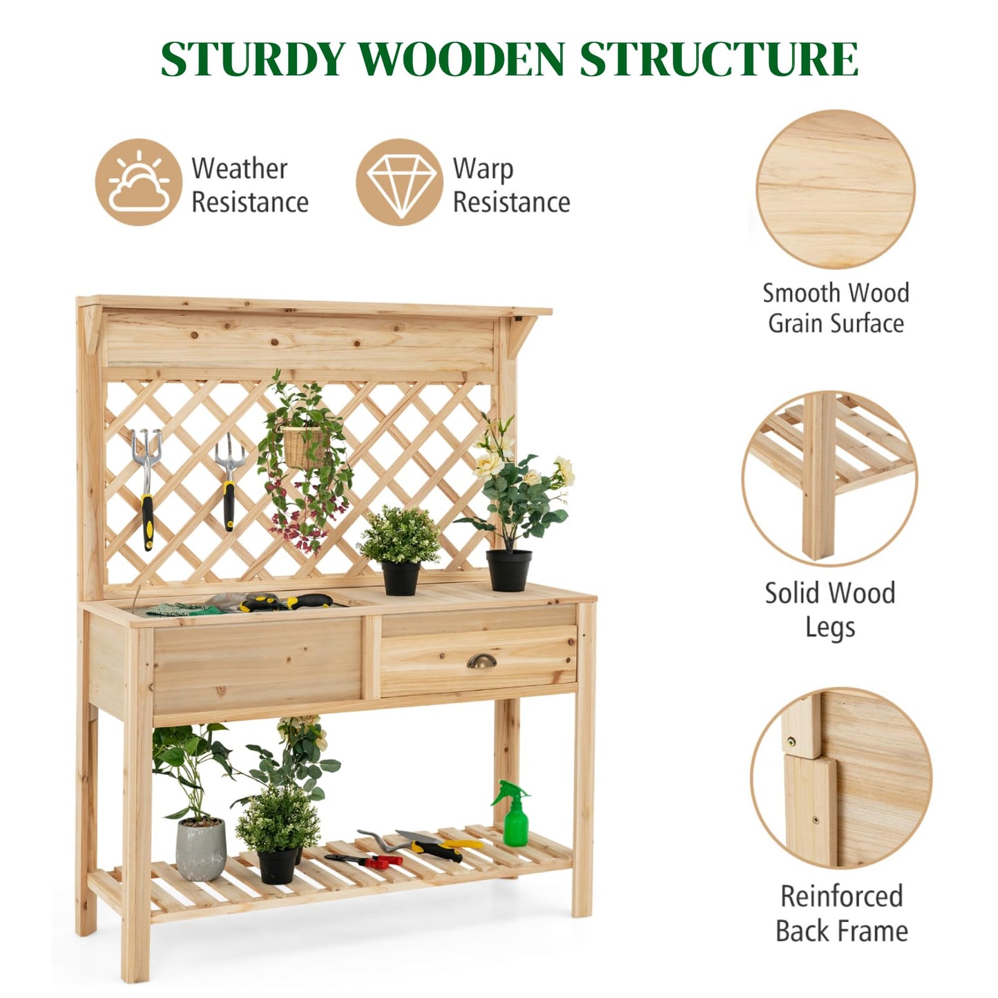 GiantexUK Garden Potting Table, Wooden Planting Bench with with Trellis