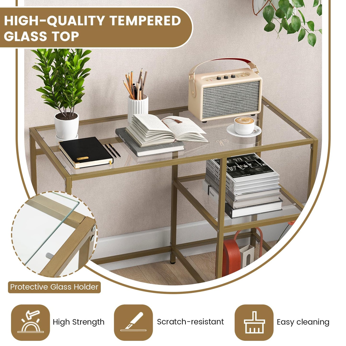 Modern Computer Desk, Tempered Glass Study Table Writing Workstation with Storage Shelf