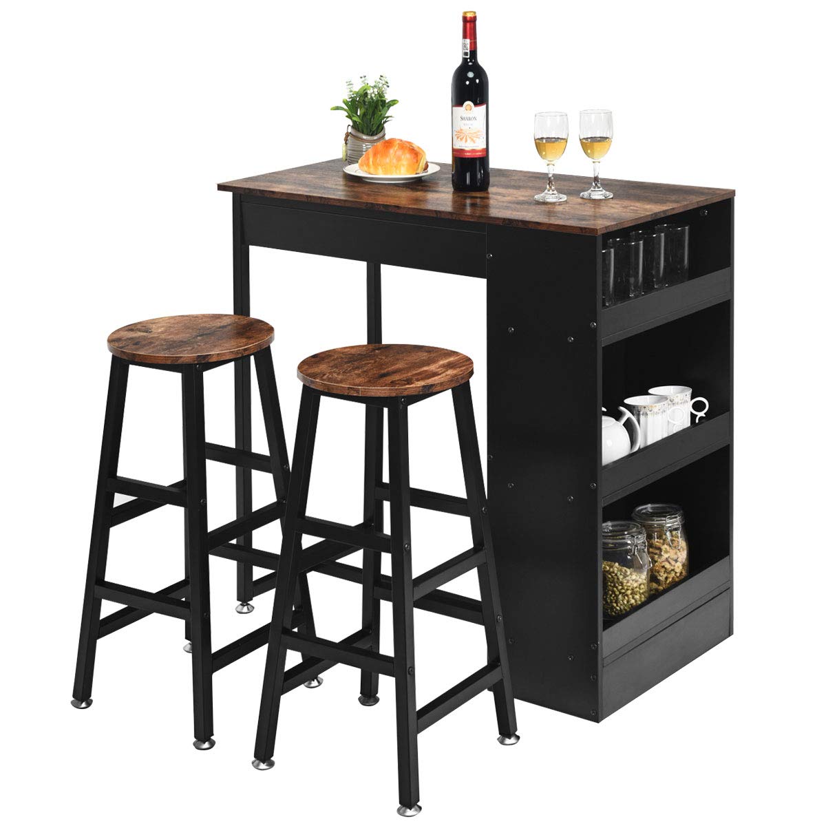 GiantexUK 3PCS Bar Table Set, Industrial Counter Height Dining Table and 2 Stools with 3-Tier Side Shelves