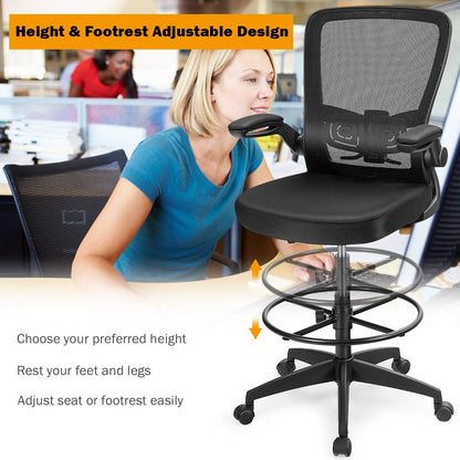 Mesh Drafting Chair, Height Adjustable Swivel Office Chair with Flip-up Armrests, Footrest and Lumbar Support