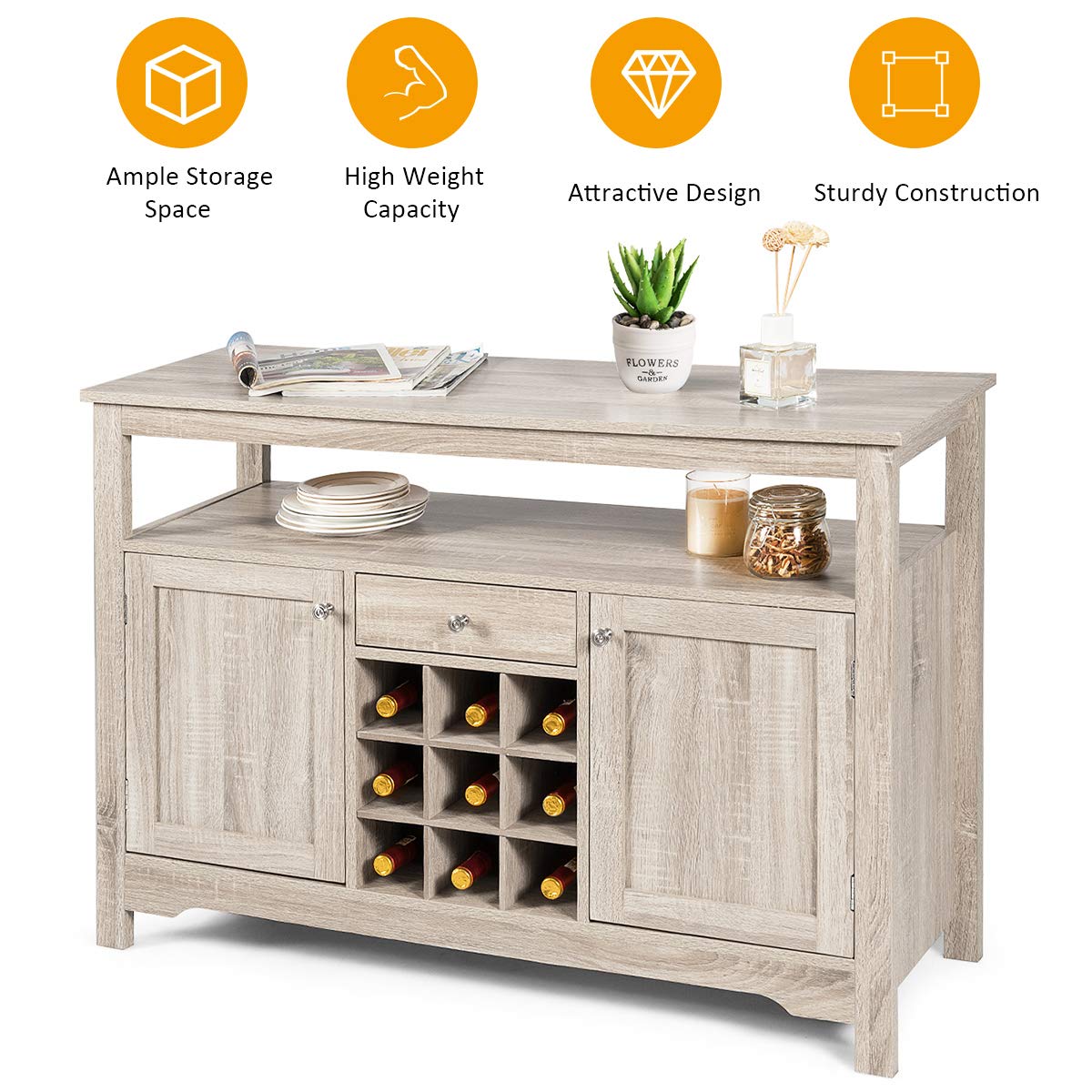 GiantexUK Wooden Buffet Sideboard, 2 Doors Kitchen Cupboard Cabinet with 9-Bottle Wine Rack