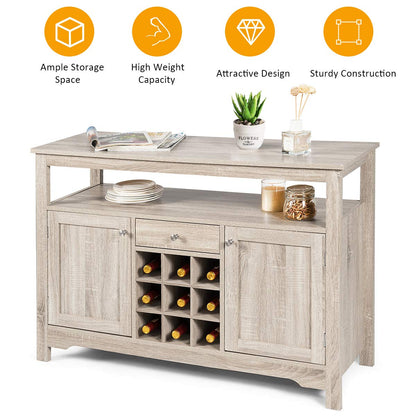 GiantexUK Wooden Buffet Sideboard, 2 Doors Kitchen Cupboard Cabinet with 9-Bottle Wine Rack