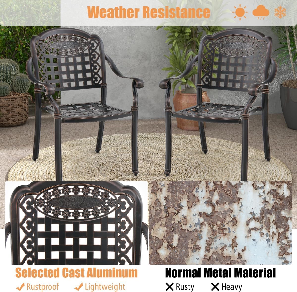 GiantexUK Set of 2 Dining Chairs, Stackable Cast Aluminum Chairs with Adjustable Foot Pads, Grid Pattern