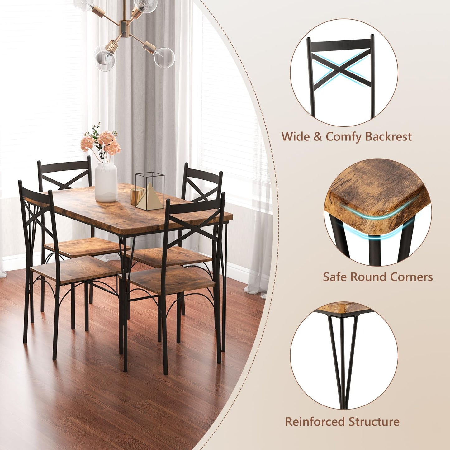 Dining Table and Chairs Set 4, Wood Effect Rectangular Kitchen Table and 4 Chairs with Wide Back