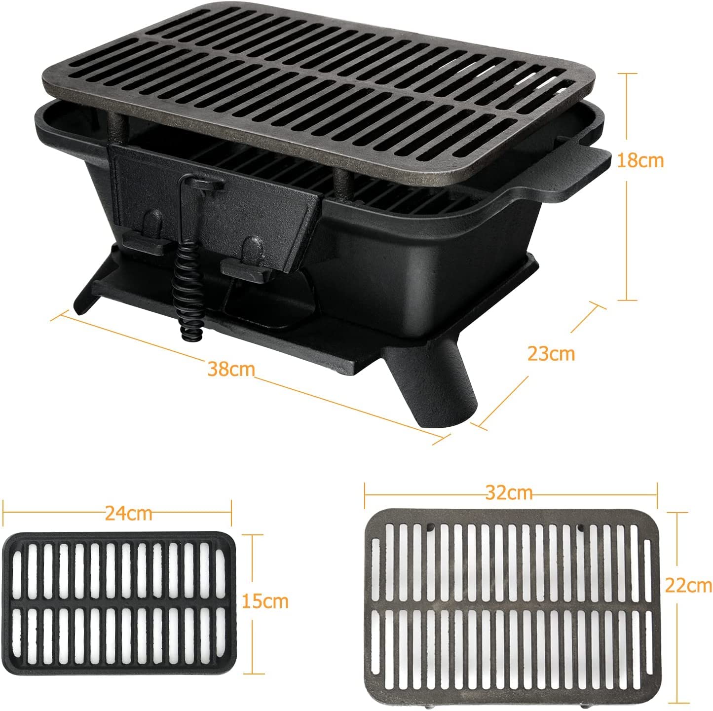 GiantexUK Cast Iron Charcoal Grill, Tabletop Barbecue Grill with Double-Sided Grilling Net, Air Regulation Door and Fire Gate