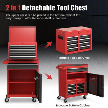 GiantexUK Tool Cabinet, 2 in 1 Lockable Metal Tool Chest with Removable Top Cabinet, Wheels, 5 Drawers (with Adjustable Shelf)