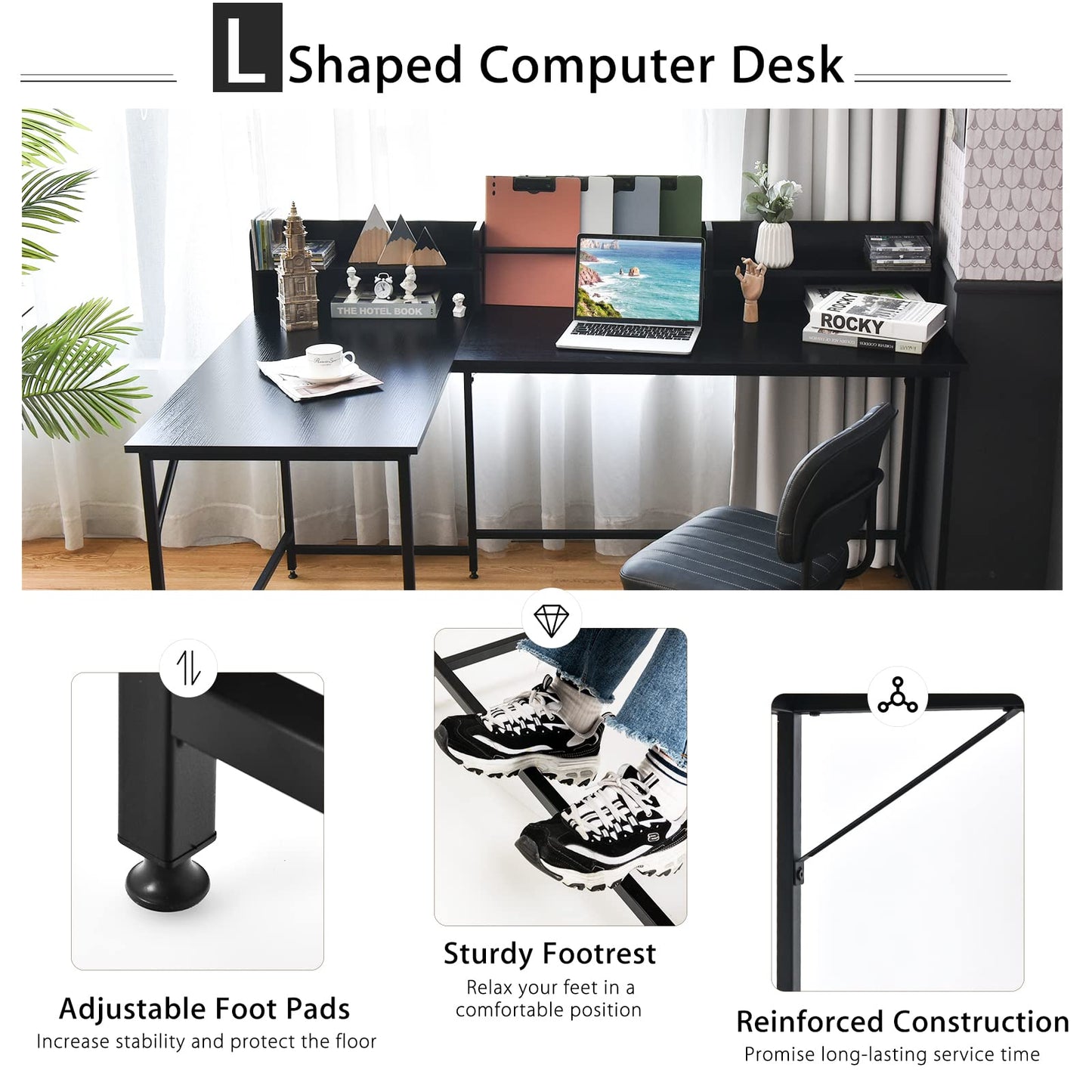 L-Shaped Computer Desk, Industrial Large Corner Desk Writing Study Table with Hutch