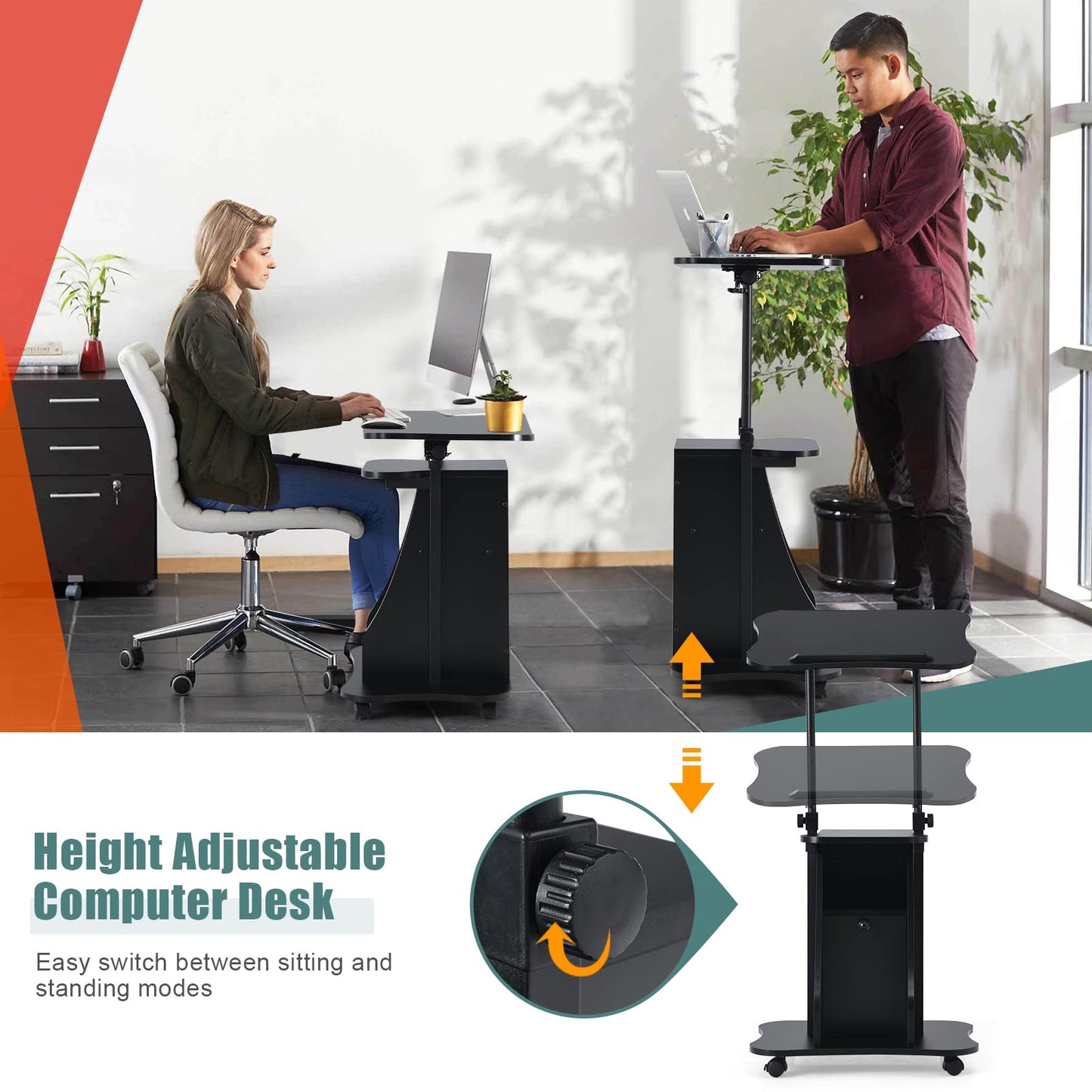 Mobile Laptop Table, Height Adjustable Sit Stand Desk Podium Stand Presentation Cart with Wheels, 55 x 40 x 68-114cm