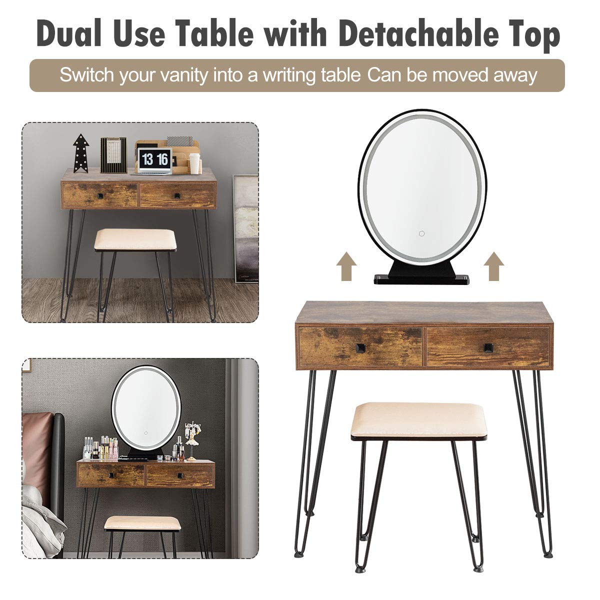 Dressing Table Set, Industrial Cosmetics Dresser with Detachable LED Mirror and Makeup Box (Rustic Brown)