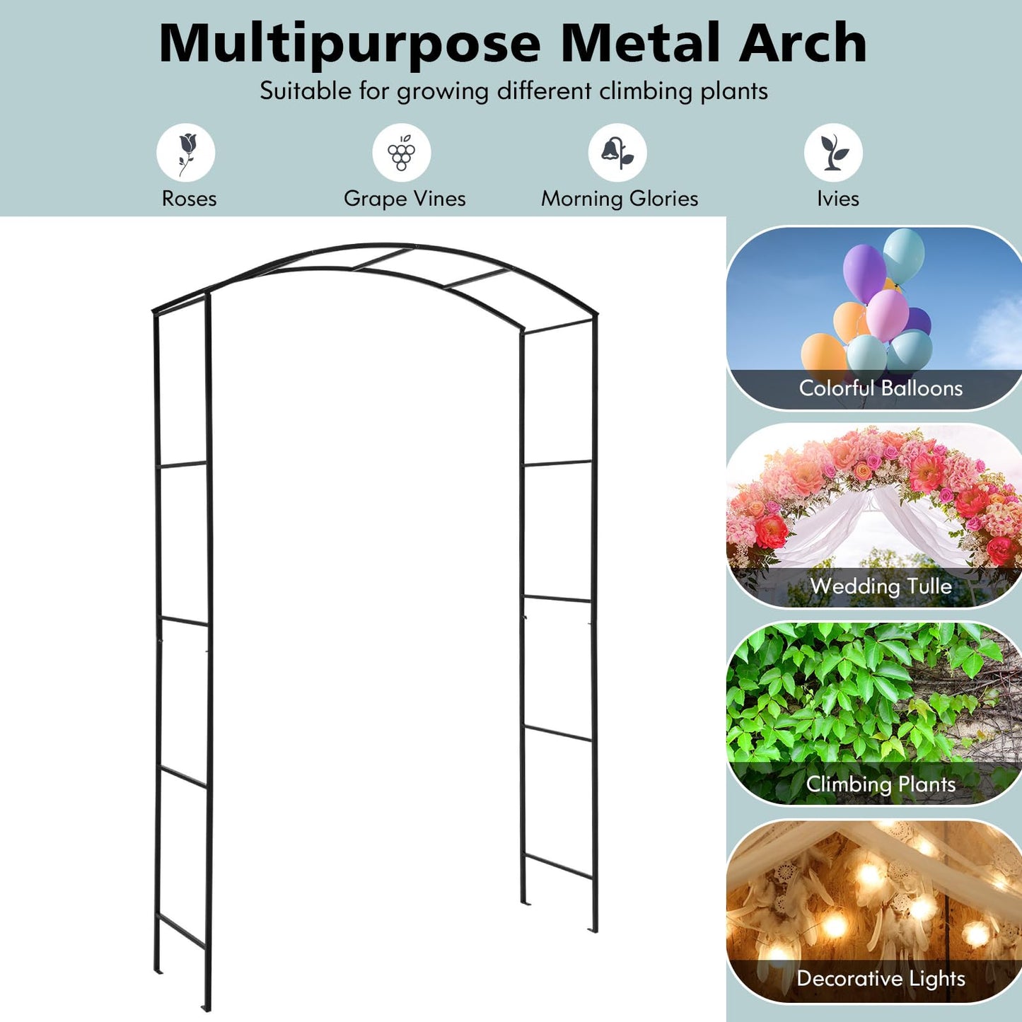 GiantexUK Metal Garden Arch, 2.3M Heavy Duty Trellis Pergola Arbour with 4 Ground Anchors