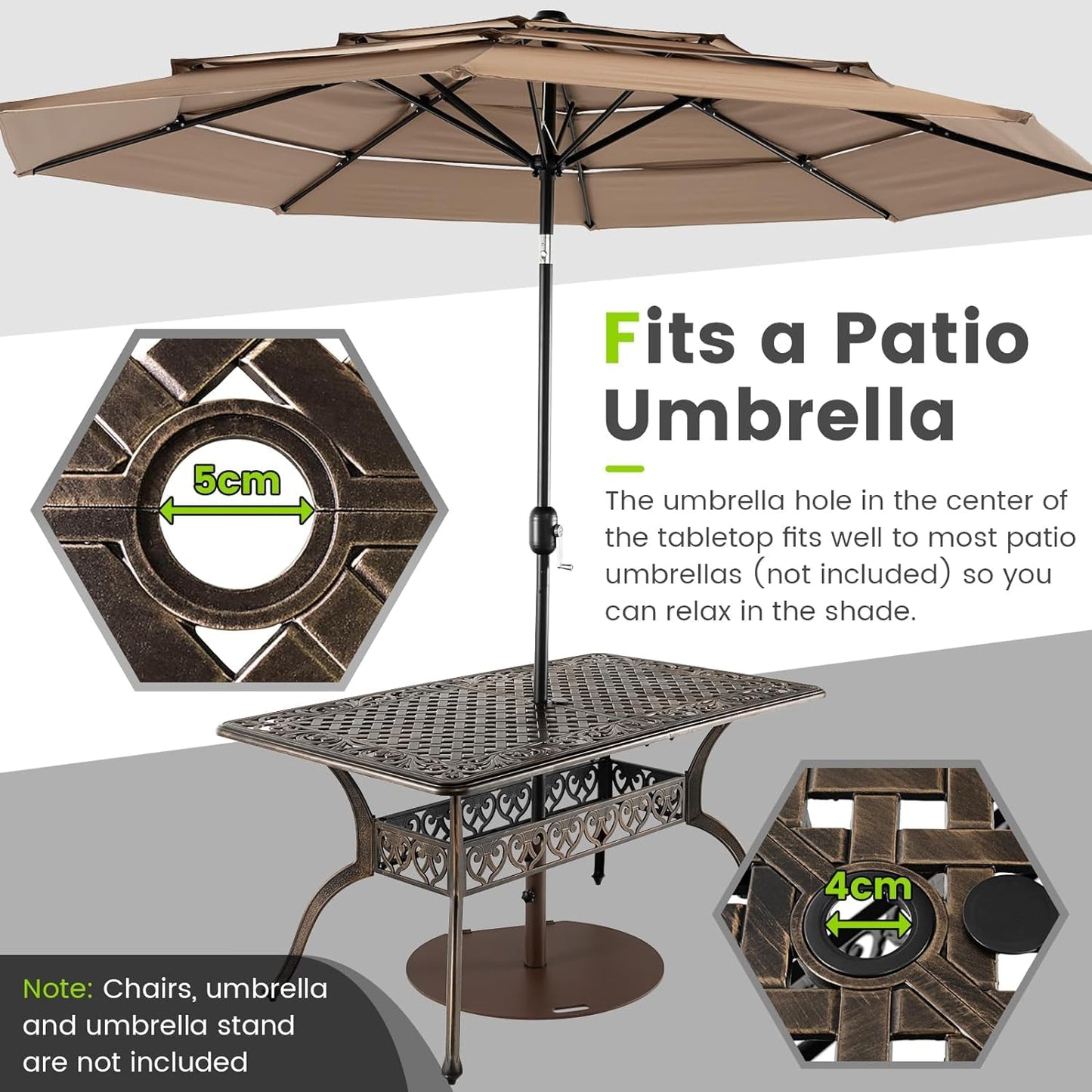 GiantexUK Outdoor Large Dining Table, 150 x 90CM Cast Aluminum Rectangular Table with 4/5CM Umbrella Hole & Hollow Pattern