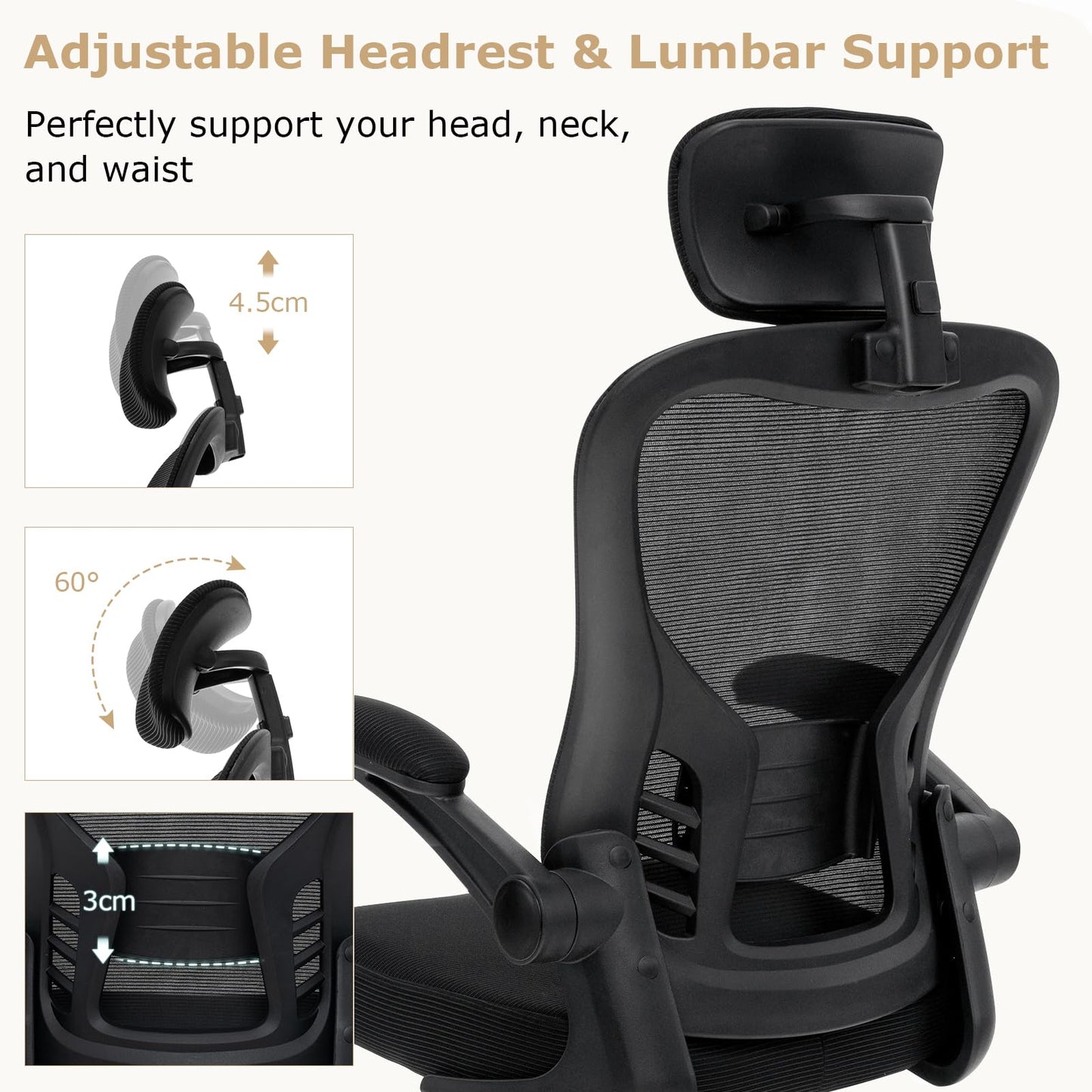 Mesh Office Chair, Ergonomic High Back Swivel Computer Desk Chair with Adjustable Headrest, Black