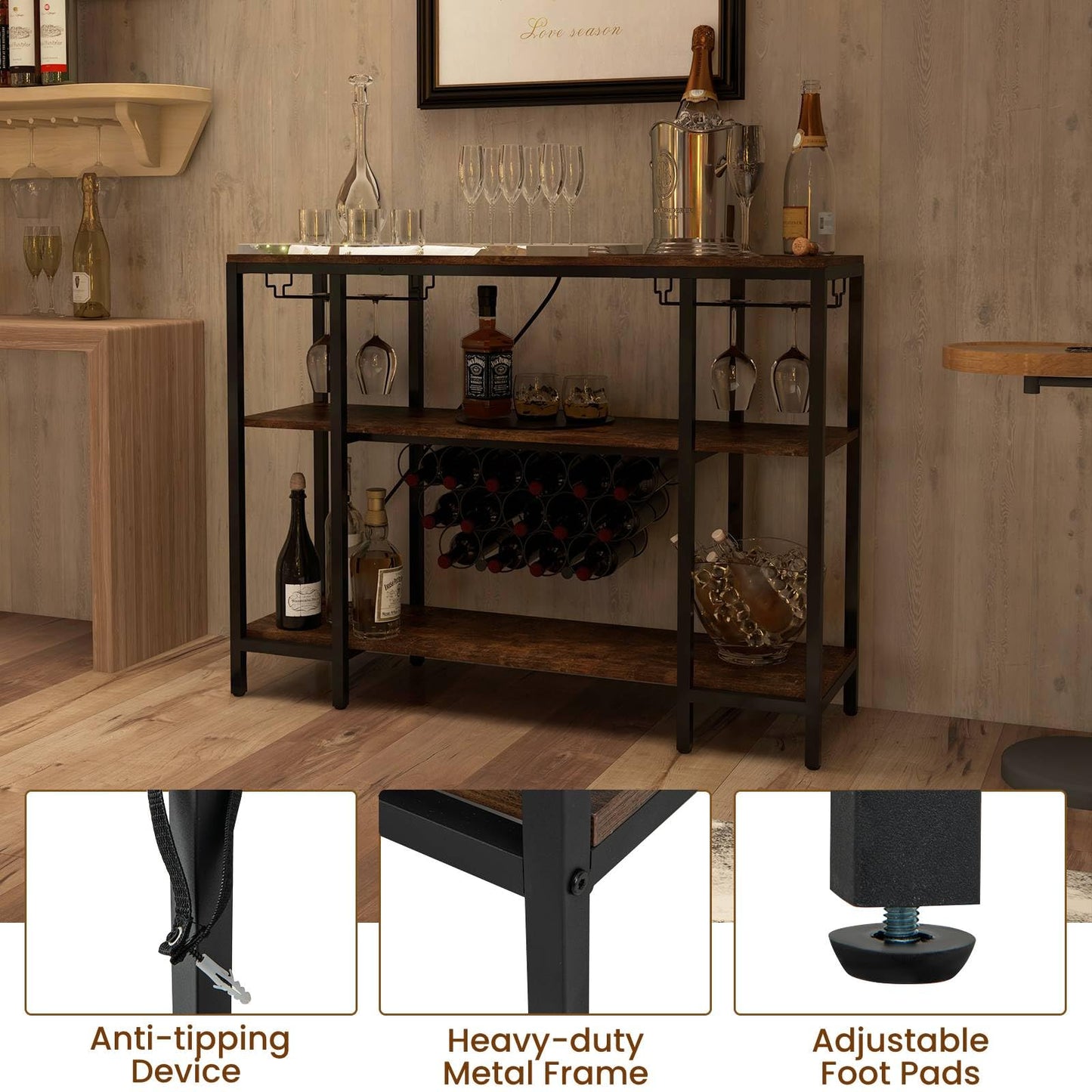 GiantexUK Wine Bar Cabinet, 3-Tier Liquor Bar Table with 15 Bottles Wine Rack, Glass Holder, Charging Station & Adjustable Foot Pads